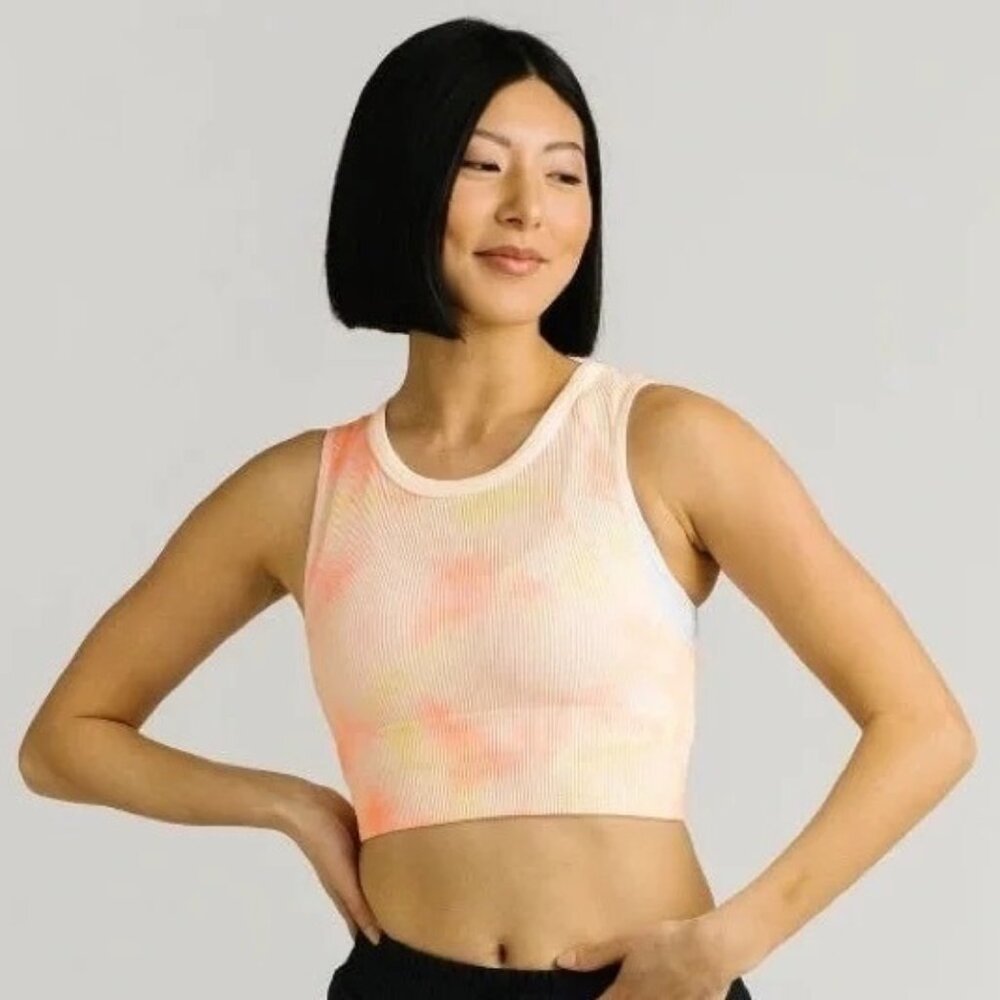 Zyia Active White Hendrix Crop Tank Top Size Large Tie-Dye Ribbed Longline Bra